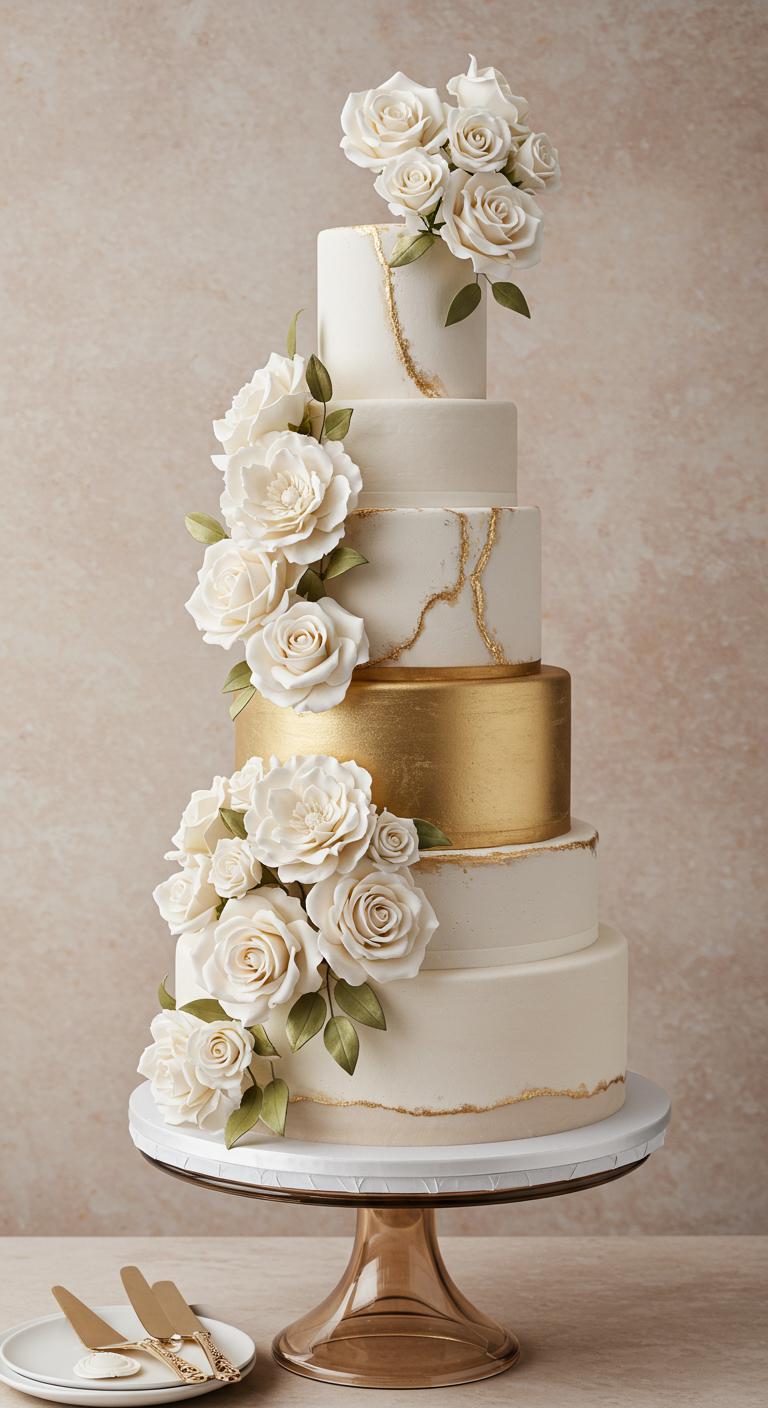A beautifully designed floral embellished cake with white and gold accents, showcasing delicate flowers intricately arranged on each tier. The cake has a luxurious and elegant appearance, set against a soft and romantic background that enhances its **enchanting allure**, evoking a sense of sophistication and whimsy.