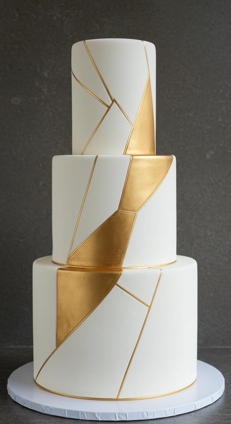 A stunning wedding cake featuring a geometric pattern in white and gold. The cake showcases **sharp lines** and **eye-catching shapes**, with **shimmering gold accents** contrasting beautifully against the pristine white surface. The design embodies **modern elegance** and serves as a mesmerizing focal point for a wedding celebration.