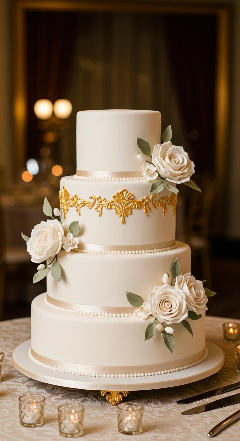 A beautiful rustic cake adorned with white and gold buttercream frosting, featuring intricate decorations that highlight its charm. The cake is set in a cozy, elegant environment, surrounded by soft lighting and romantic decor, showcasing its sophisticated yet warm appeal. The **delicate gold accents** glisten softly, emphasizing the blend of **rustic charm** and **refined beauty**.