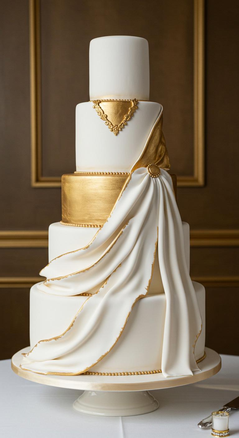A beautifully designed wedding cake featuring **luxurious white and gold fondant** drapes, showcasing **elegant flowing designs** and delicate layers. The cake is adorned with **sophisticated gold accents** that highlight its **opulence and romance**, set against a lavish wedding ambiance, evoking an **unforgettable celebration**.