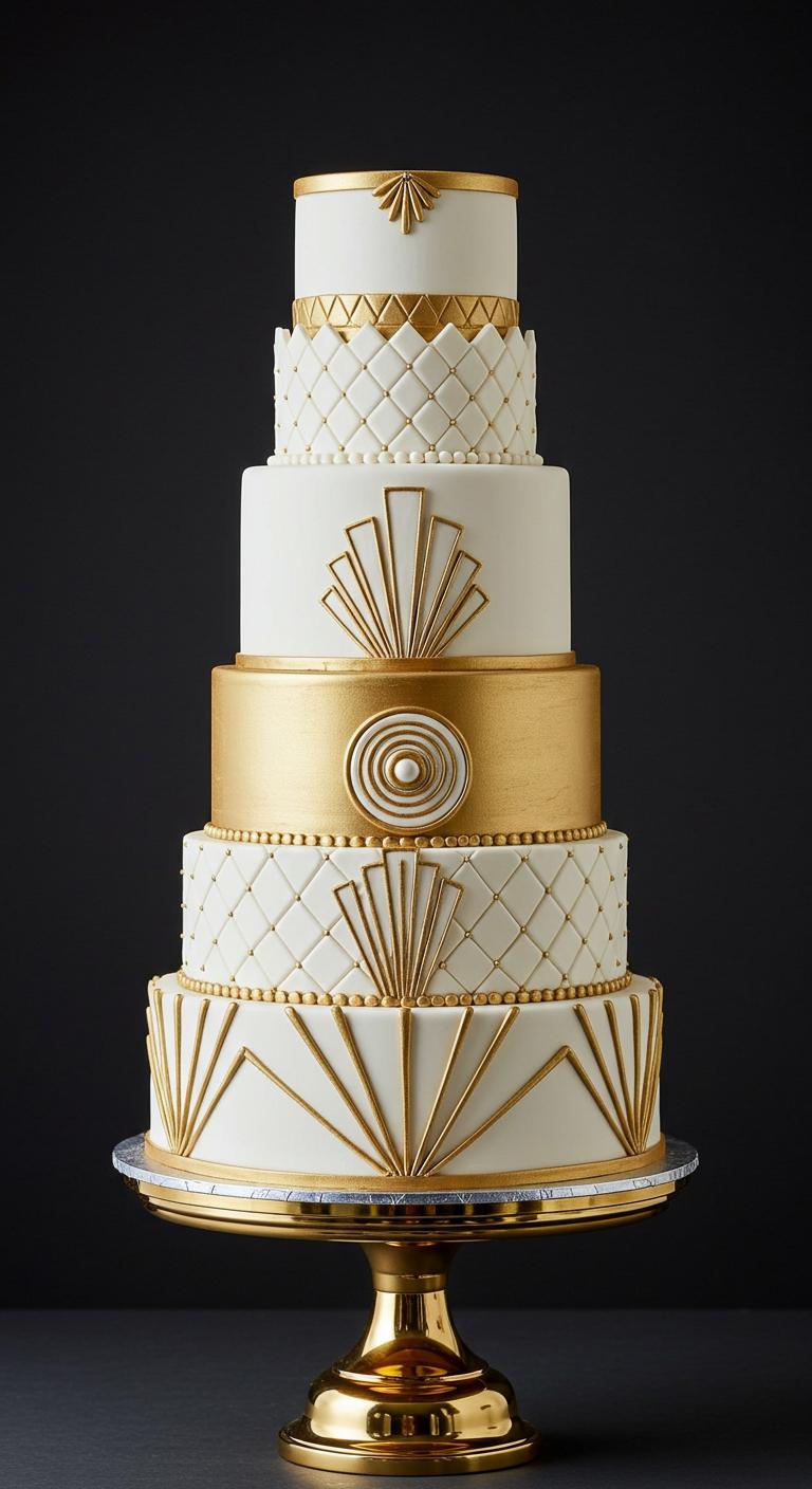 A stunning **Art Deco style** tiered cake, featuring **white and gold** colors with **geometric patterns** and **elegant gold touches**. Each tier showcases delicate motifs, exuding **sophistication and luxury**. The cake is beautifully designed to complement a glamorous wedding celebration, emphasizing elegance and delight for the special day.