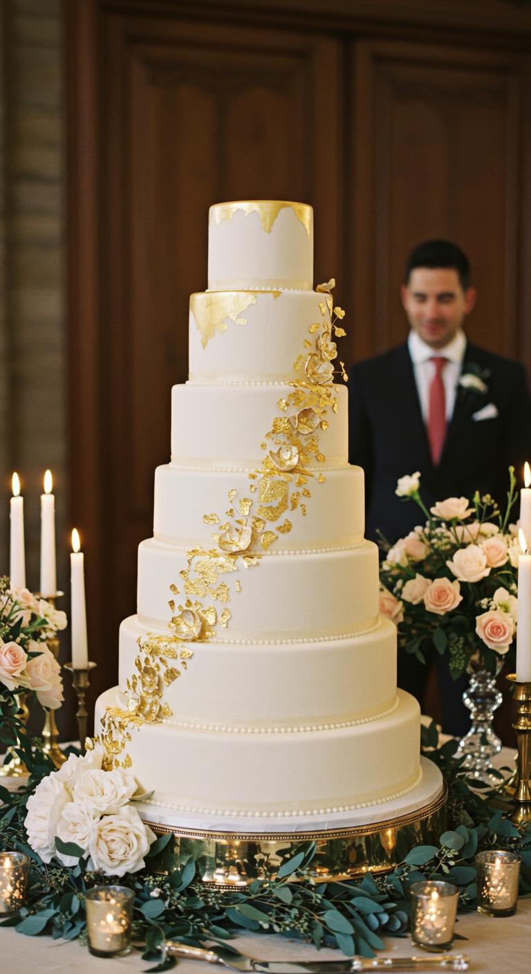 A beautifully designed **wedding cake** embellished with **whimsical gold leaf accents**. The cake features **multiple tiers**, each adorned with **delicate decorations** that evoke a fairy tale atmosphere. Soft, shimmering gold touches catch the light, creating an elegant focal point for a wedding. Surrounding the cake are **enchanting floral arrangements** and softly glowing candles, contributing to a **magical ambiance**. Guests can be seen admiring the cake, captivated by its charming design.