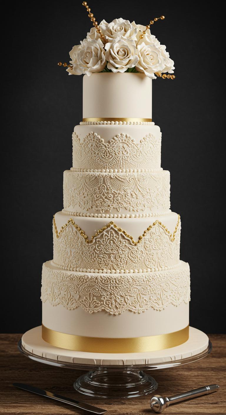 Vintage wedding cake adorned with intricate lace patterns and radiant gold accents, showcasing a blend of **traditional craftsmanship** and modern elegance, set in a romantic wedding atmosphere.