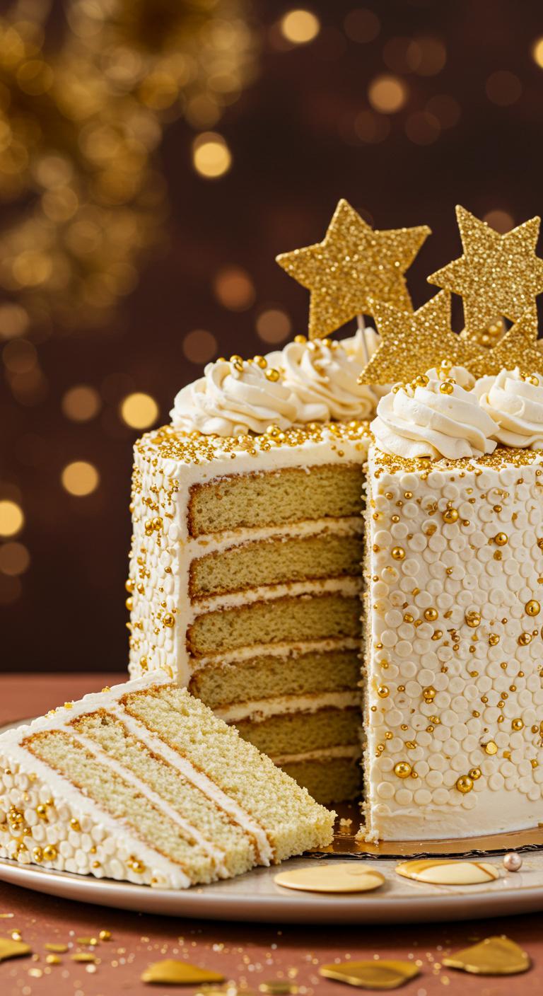 A beautifully crafted Sparkling Sequin White & Gold Cake adorned with **shimmering sparkling sugar** and **golden embellishments**, reflecting light elegantly. The cake is set against a festive backdrop, perfect for a celebratory occasion, with slices showcasing its enticing layers. The scene conveys a sense of glamour and luxury, emphasizing the cake as a **stunning centerpiece** for an **unforgettable celebration**.