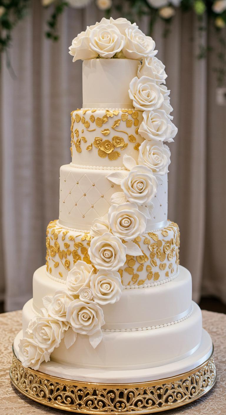 A beautiful **wedding cake** with multiple tiers, adorned with **cascading white rose decorations** and **gold accents**. The cake is set against a softly lit background, evoking a **romantic and sophisticated ambiance**, reminiscent of a blooming garden. The **intricate details** of the rose patterns and the shimmering gold elements enhance the elegance of the cake, making it the perfect centerpiece for a special wedding celebration.