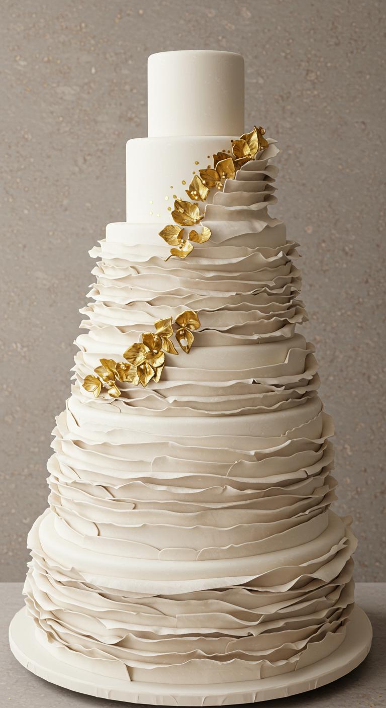 A cake with multiple tiers, adorned with **elegant ruffles** that resemble soft silk. The ruffles are delicately crafted and feature intricate golden accents that reflect light beautifully. The cake is displayed as a **luxurious centerpiece** at a **grand celebration**, showcasing **sophistication** and charm.