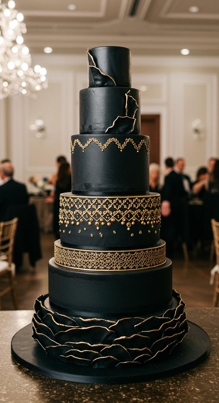 A stunning cake with **rich black layers** and **intricate gold accent designs**, showcasing a dramatic contrast. The cake is displayed at an elegant event, surrounded by guests admiring its grandeur. The atmosphere reflects sophistication and modern elegance, with soft lighting enhancing the luxurious appearance of the cake.