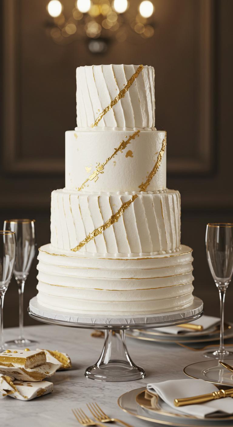 A stunning **classic buttercream piped cake** in **white and gold**, featuring **elegant swirling textures** around its tiers. The cake is adorned with **shimmering gold accents** that catch the light, exuding luxury and refinement. The setting includes a decorative table setting that complements the cake, making it the centerpiece of a celebration. Soft lighting enhances the cake’s beauty, emphasizing its tasteful design and elegance.