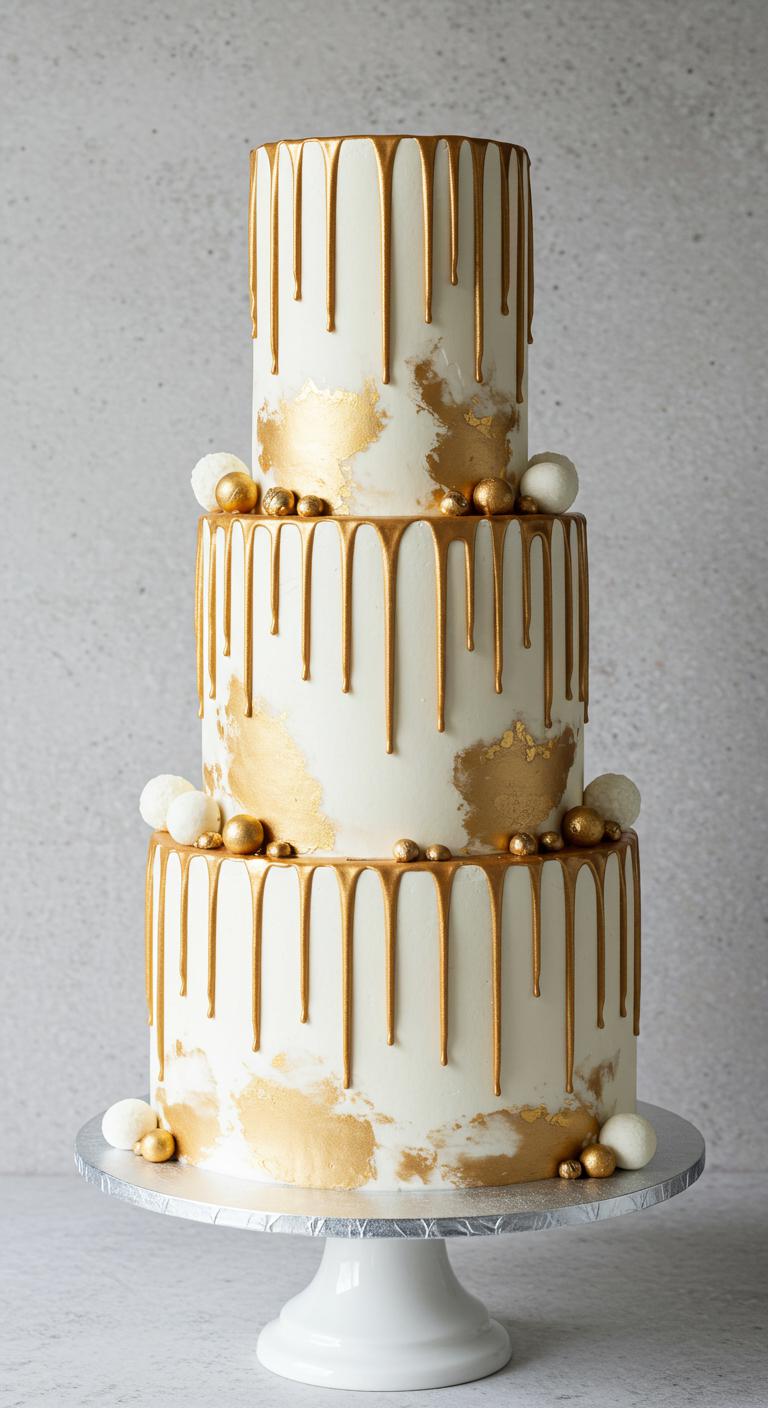 A stunning **tiered cake** with a **subtle metallic drip** in white and gold. The cake features **delicate drip techniques** cascading down each tier, showcasing elegance and modern flair. The tiered design creates a **visually striking centerpiece**, ideal for an elegant celebration, capturing attention while reflecting **refined taste**.