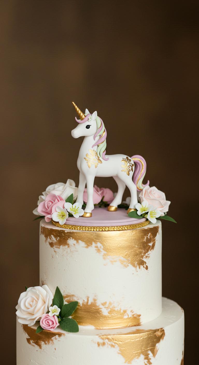 A **whimsical cake topper** featuring a delicate figurine of a unicorn adorned with **gold accents**, surrounded by **floral arrangements**. The scene captures a playful yet sophisticated atmosphere, set against an elegant white and gold themed wedding cake, inviting gazes from guests and embodying a charming finishing touch.