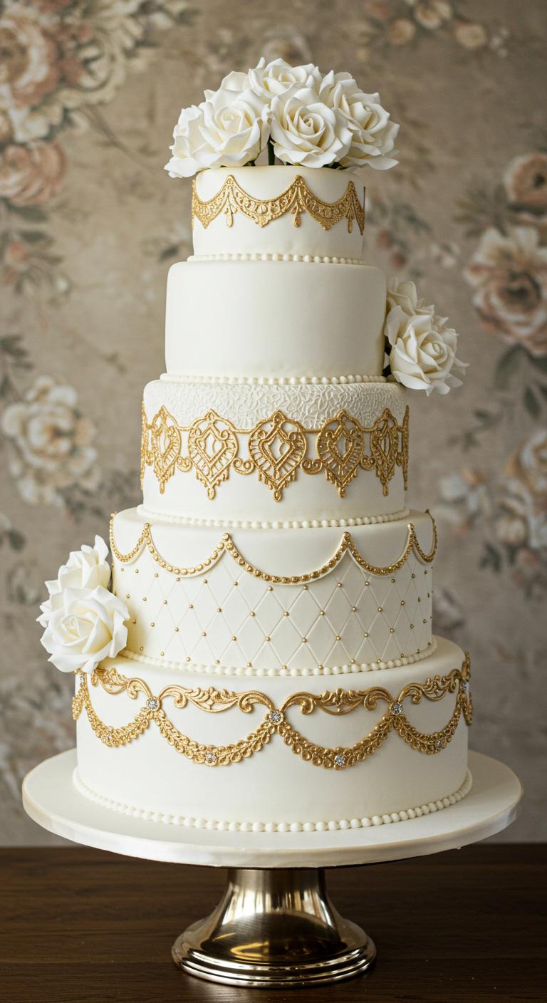 **Vintage-inspired** white and gold wedding cake with delicate layers, **intricate gold embellishments**, **lace-like patterns**, and ornate flares, set against a romantic backdrop that evokes a sense of **timeless elegance** and charm.