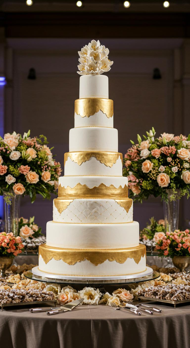 An elegant towering white and gold wedding cake with **multiple layers**, each adorned with **delicate gold accents**. The cake stands majestically on a **beautifully decorated table**, surrounded by **whimsical floral arrangements**. The atmosphere exudes sophistication and whimsy, inviting guests to revel in its grandeur. The background features soft lighting to enhance the cake’s visual appeal, creating a **stunning centerpiece** that captivates the audience.