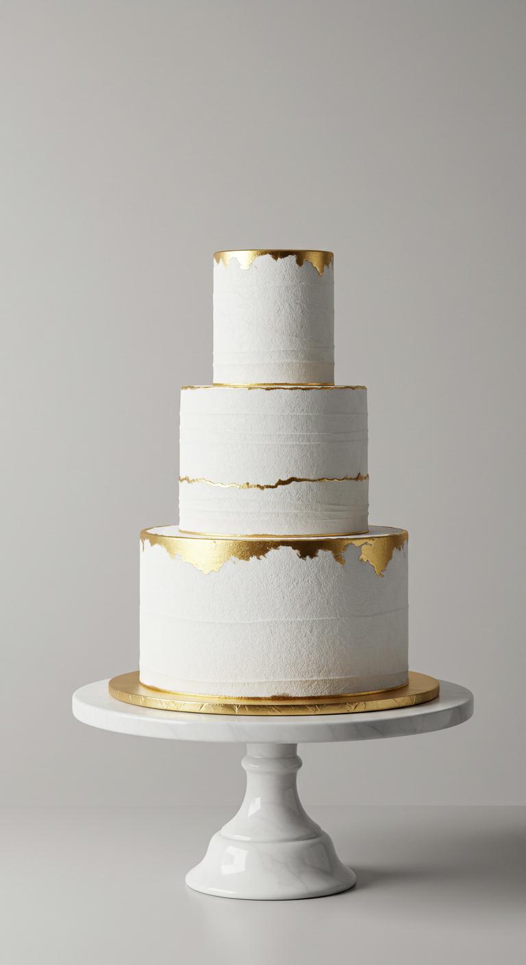 A minimalist textured white and gold cake displayed elegantly. The cake features multiple layers with subtle textures, a **soft white base**, and **delicate gold accents**. The background is simple and sophisticated, emphasizing the cake as the focal point, capturing a sense of understated luxury and elegance.