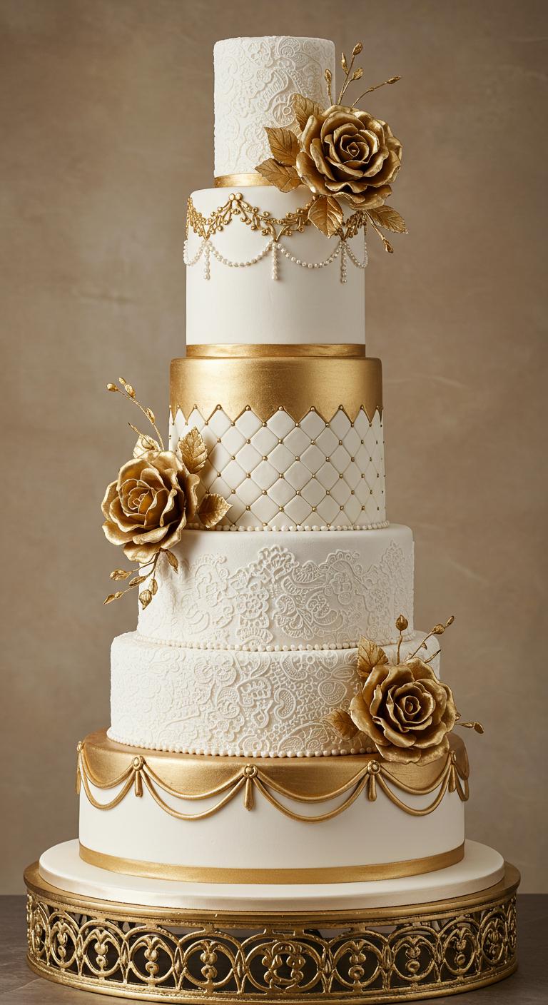 A **luxurious wedding cake** featuring multiple tiers in white and gold, adorned with **intricate lace patterns**, **shimmering gold accents**, **edible pearls**, and gilded flowers, set against an elegant backdrop. The cake represents **opulence and elegance**, standing as the stunning centerpiece of a grand celebration.
