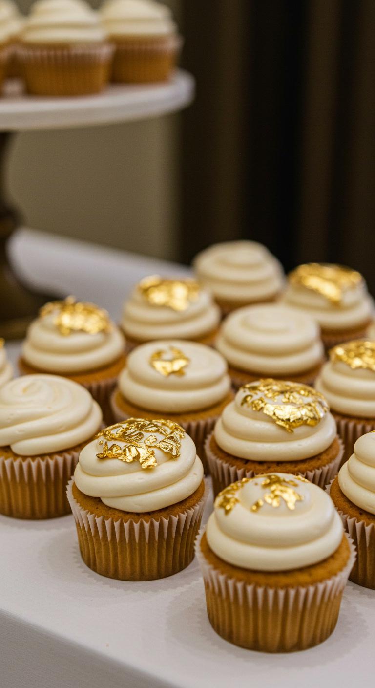 A beautifully arranged table featuring a dozen **elegant white cupcakes**, each with a **delicate swirl of creamy frosting** and adorned with **shimmering gold foil accents**. The cupcakes should be presented in a sophisticated setting, capturing the essence of **celebration and elegance** as the gold foil reflects the light, enhancing the overall aesthetic of the **dessert table**.