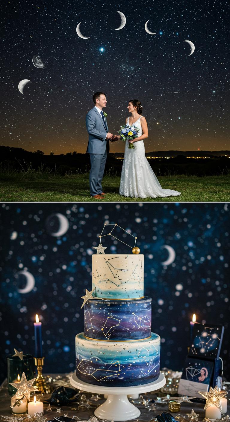 A beautifully decorated **starry night wedding cake** with **intricate constellations** and a **cosmic color palette**, surrounded by astronomical decor including twinkling stars and celestial elements. The scene captures a **romantic outdoor wedding** atmosphere under a canopy of stars, with guests receiving star-themed favors. The couple is dressed in **celestial-inspired wedding attire**, set against a **backdrop of a night sky** filled with vibrant stars and lunar phases, evoking the magic of **stargazing experiences**.