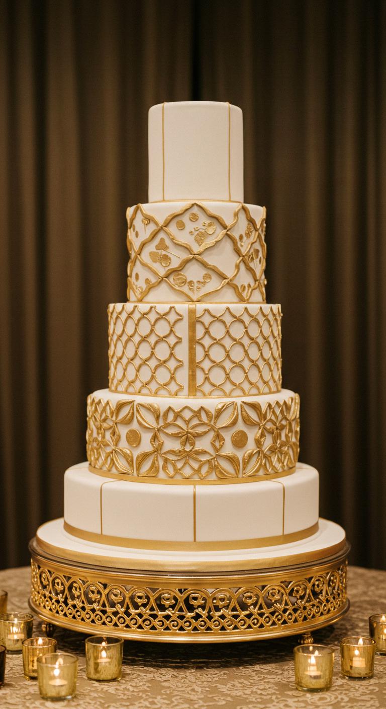 An **elegant wedding cake** featuring a **geometric gold design**, showcasing **intricate patterns** and precise symmetry, set as a stunning centerpiece in a **luxurious celebration**. The cake should have a modern aesthetic with opulent touches, captivating the viewer with its **striking visual appeal**. Surround the cake with soft lighting and elegant decor to enhance its sophistication.