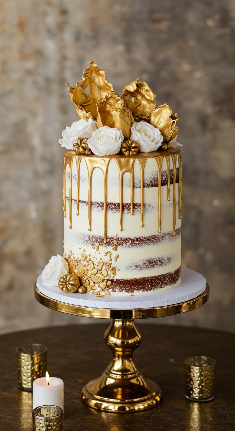An **elegant gold drip wedding cake** with rich layers, **glossy gold ganache** drips, stylish and contemporary design, showcasing **luxurious allure**, set against a sophisticated backdrop, surrounded by **wedding decor**.