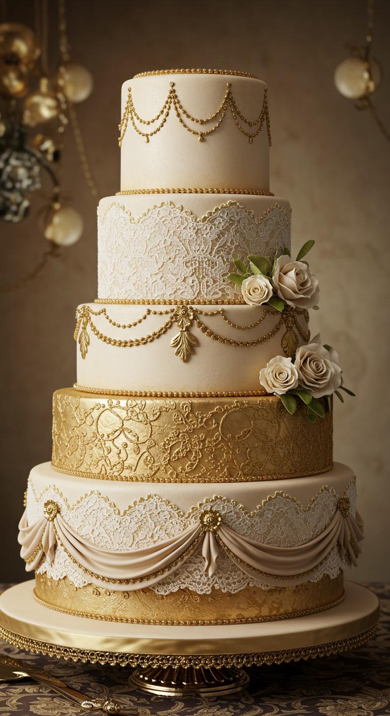 A **Vintage Gold Ornate Cake**, showcasing **intricate details** and **timeless charm**. The cake features **elaborate decorations** including delicate lace patterns and majestic floral accents, exuding a **luxurious feel** that complements a **regal elegance** perfect for a wedding celebration. The backdrop is softly adorned to enhance the sophisticated atmosphere of the setting.