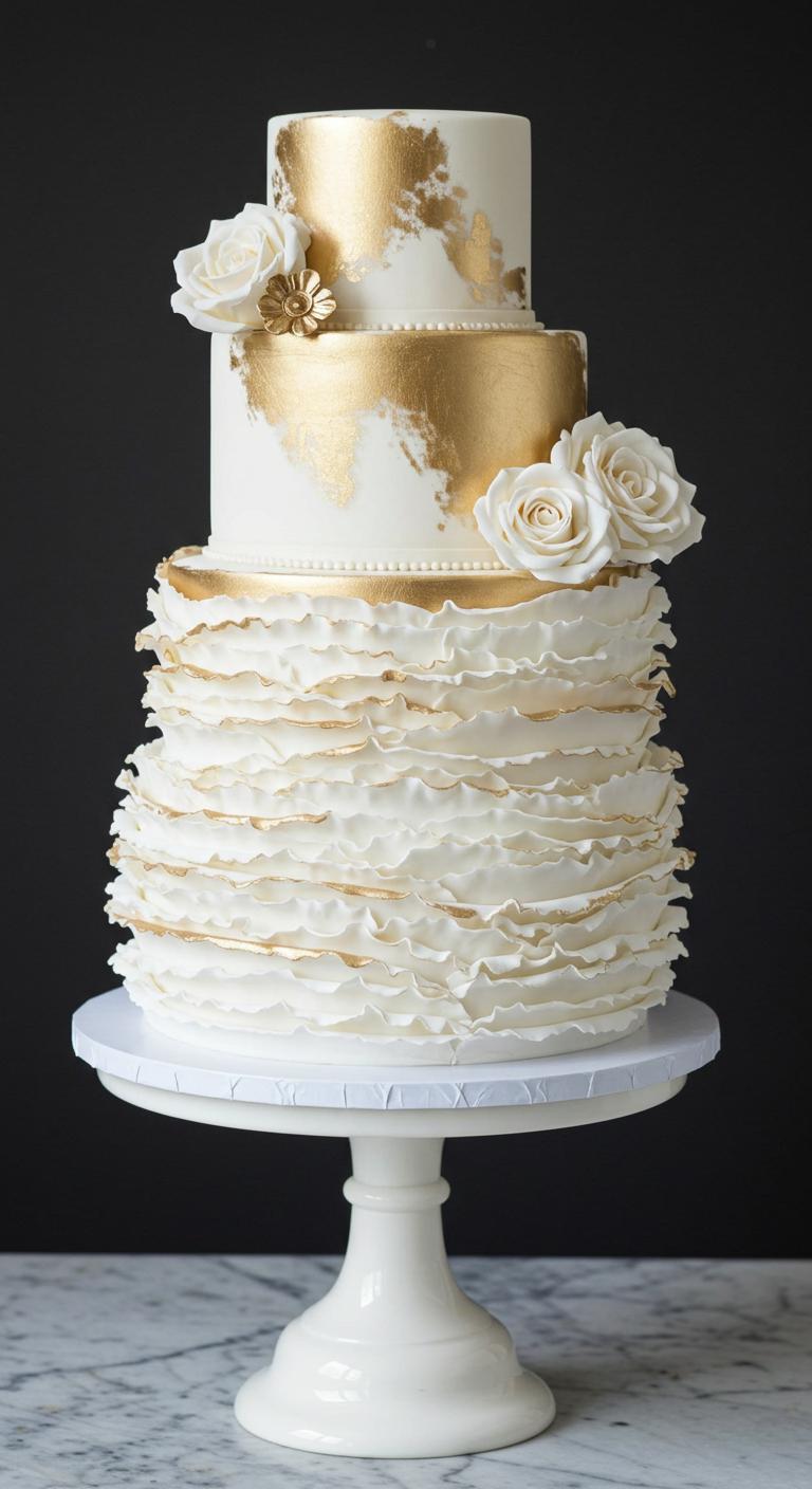 A stunning **Gold and White Ruffle Cake**, showcasing **elegant cascading ruffles** and **luxurious textures**. The cake features soft gold accents mingling with **pristine white layers**, embodying sophistication and serving as a **beautiful centerpiece** for a wedding celebration.