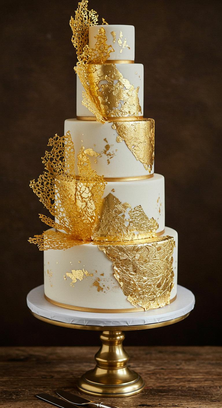 A lavish wedding cake adorned with intricate gold leaf accents, showcasing various **edible gold options**, including delicate sheets and lustrous dust. The cake is visually stunning, encapsulating **opulence** and glamour in a beautifully decorated setting.