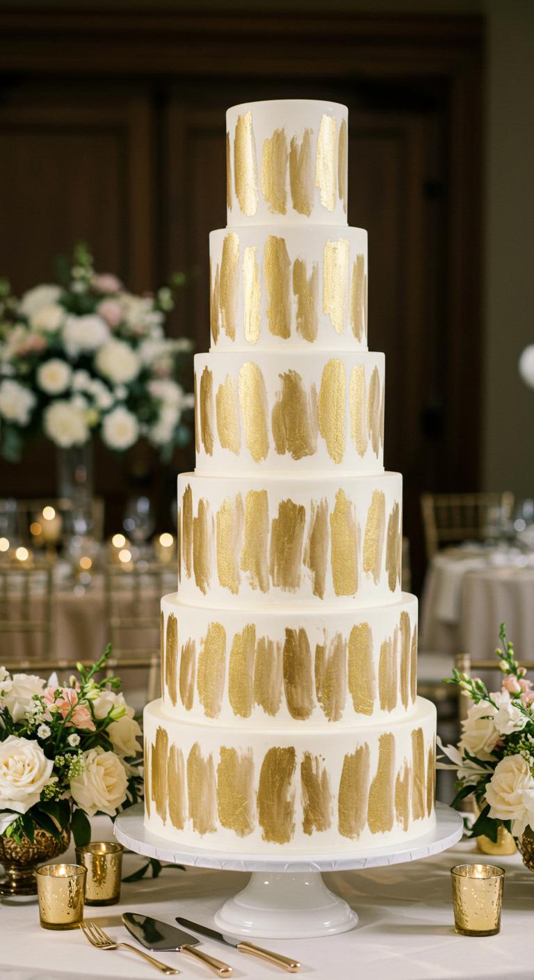 A beautiful wedding cake with multiple tiers, elegantly adorned with **shimmering gold brush strokes**. The cake should feature a **luxurious and artistic design**, showcasing a perfect blend of textures and colors. The setting should reflect an **extravagant celebration**, embodying the glamour and sophistication suited for a modern couple. Include decorative elements like **floral arrangements** and soft, **ambient lighting** to enhance the overall ambiance.