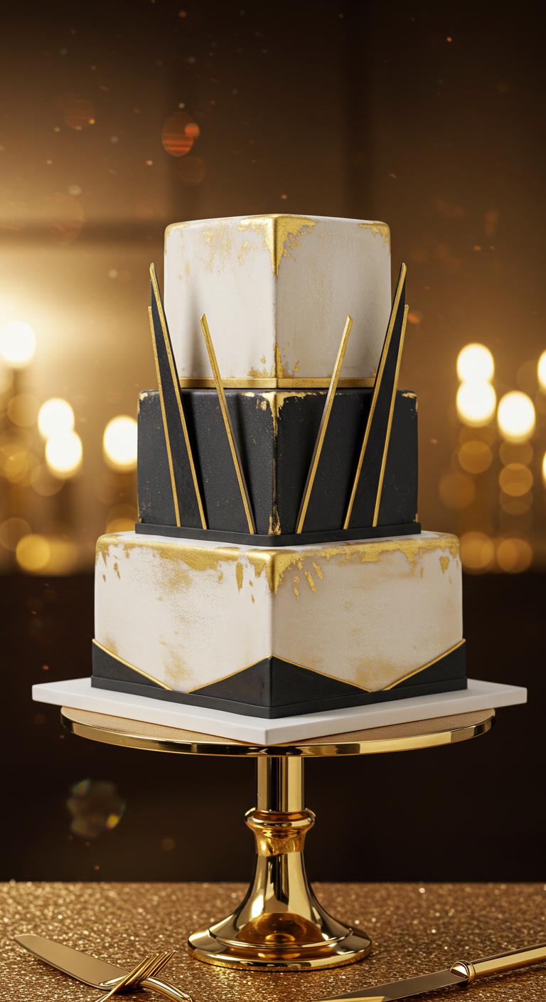 A luxurious **modern gold square cake** with sharp lines and gold accents, elegantly styled for a wedding. The cake showcases a sleek design that embodies **contemporary cake trends**, decorated with sophisticated touches. The setting is glamorous, reflecting a chic celebration atmosphere with a fresh, modern vibe. The background includes soft lighting to enhance the cake’s elegance.