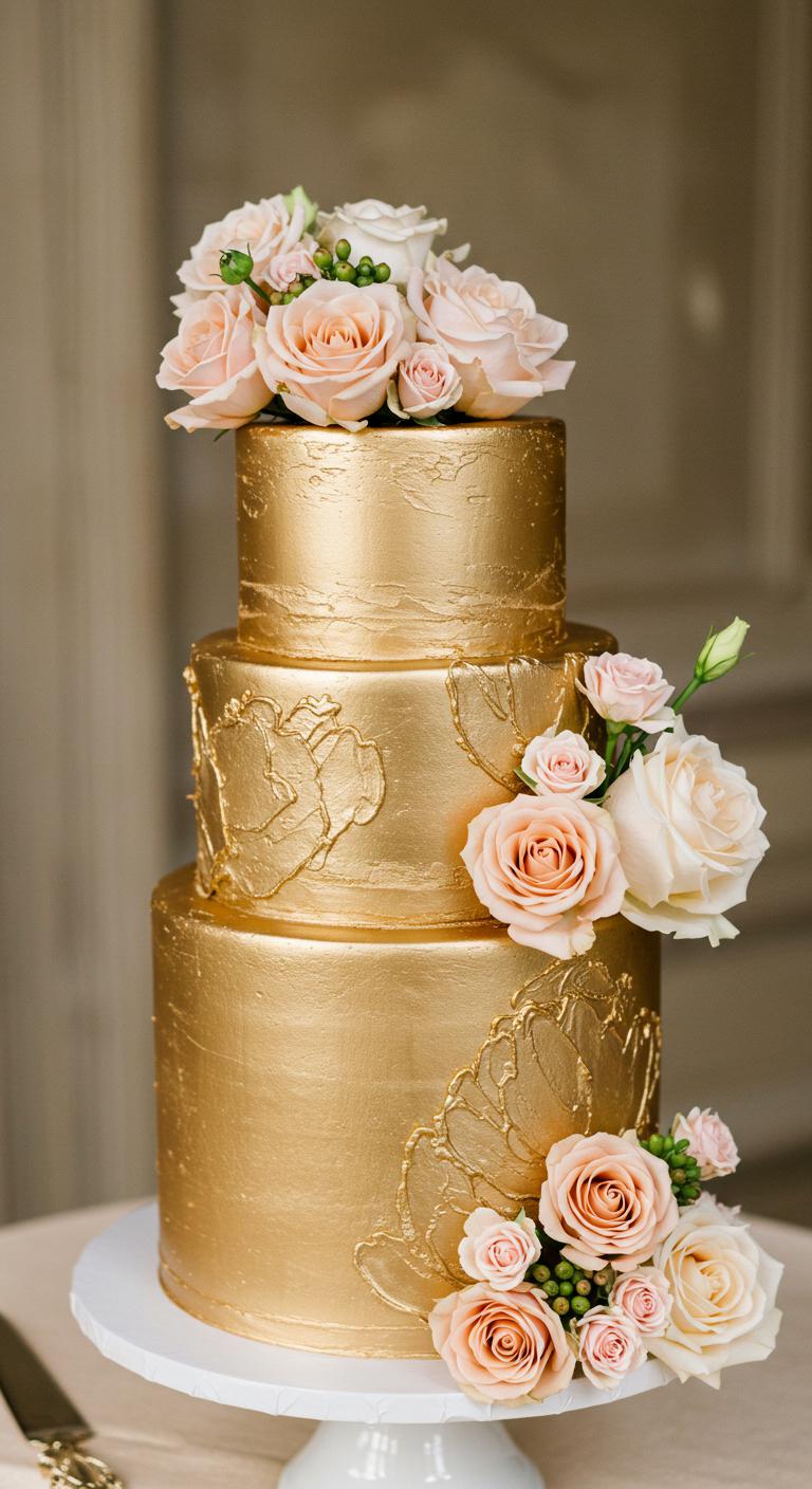 A beautiful wedding cake with a rich golden frosting adorned with **intricate floral decorations**. Fresh flowers in soft pastel colors are placed artistically on top of the cake, blending the opulence of gold with the delicate beauty of nature, set against an elegant wedding backdrop.