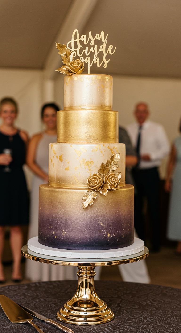 A stunning **ombre gold wedding cake** radiating elegance, showcasing a gradient from **deep, rich tones** at the base to **soft, glimmering gold** at the top. The cake features **intricate details** in buttercream or fondant that enhance its visual appeal, alongside **complementary flavors** like vanilla champagne and lemon, beautifully presented at a wedding setting with guests admiring it.
