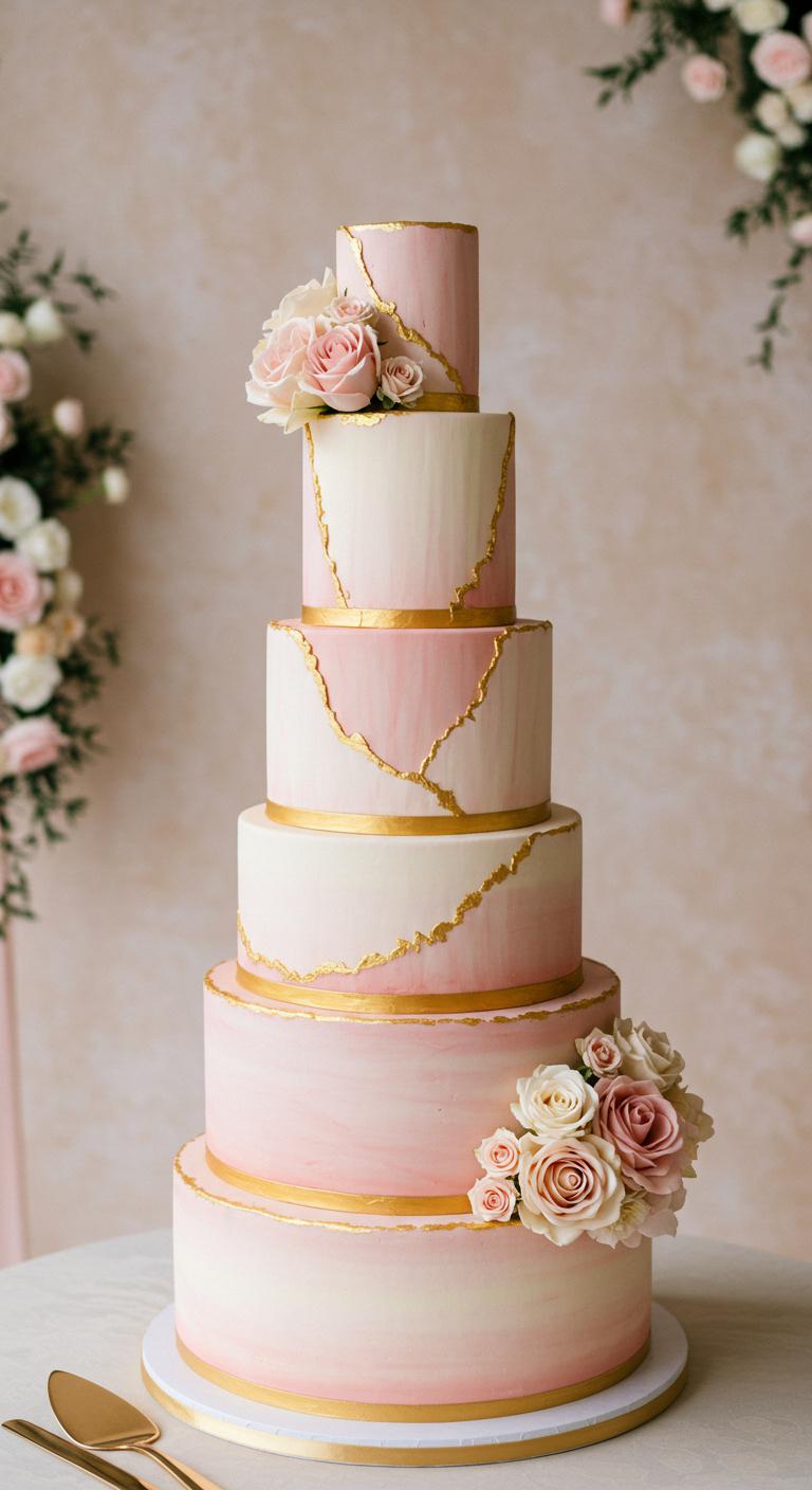 A stunning tiered cake featuring delicate blush tones elegantly swirled with rich gold accents. The cake is adorned with **fresh flowers** and **intricate gold detailing**, set against a **romantic wedding backdrop**. The scene captures the essence of **modern wedding trends**, embodying romance and sophistication.