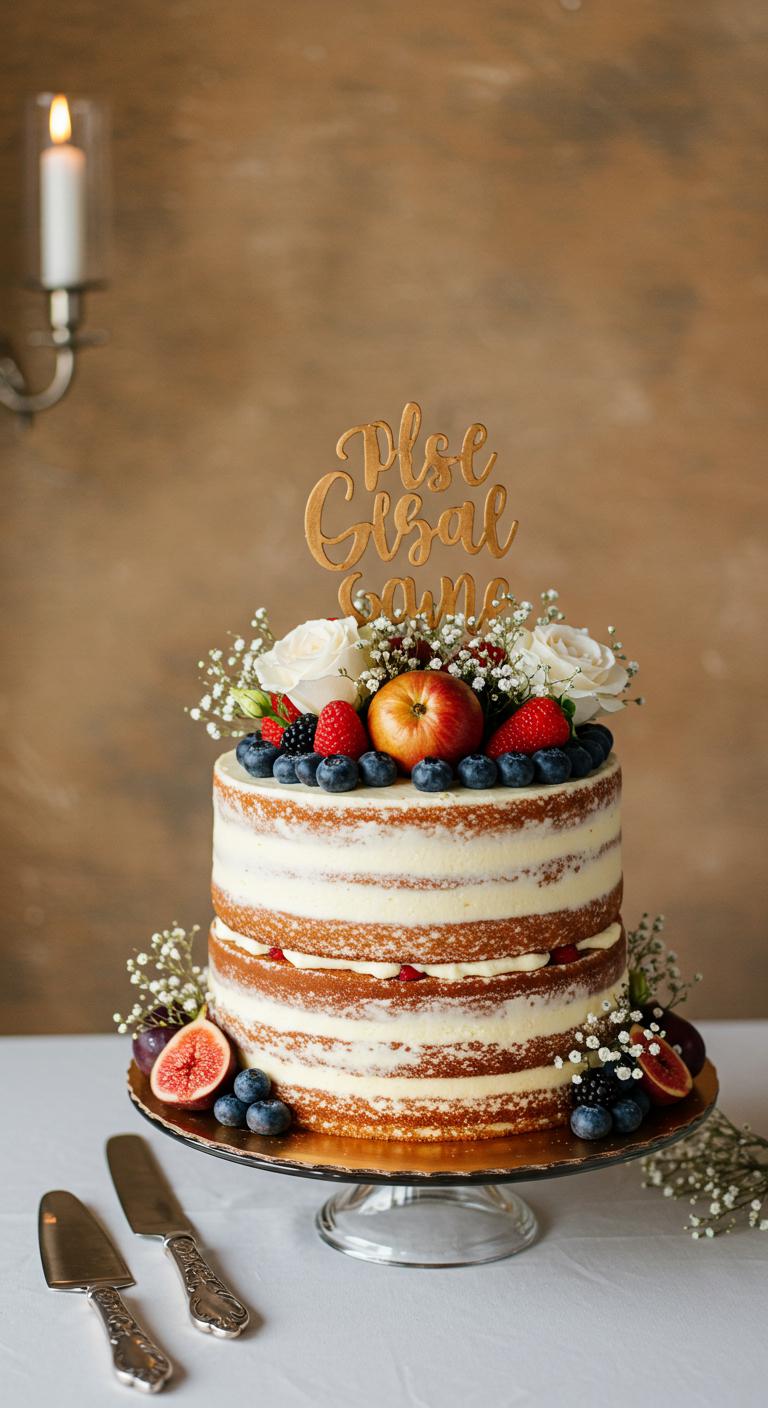 A **rustic gold naked cake** adorned with **fresh fruits and delicate flowers**, showcasing **un-frosted layers**, set against a charming backdrop suitable for a modern wedding. The scene should convey **elegance and simplicity**, with a warm and inviting atmosphere that highlights the cake’s decadent chocolate and airy vanilla flavors.