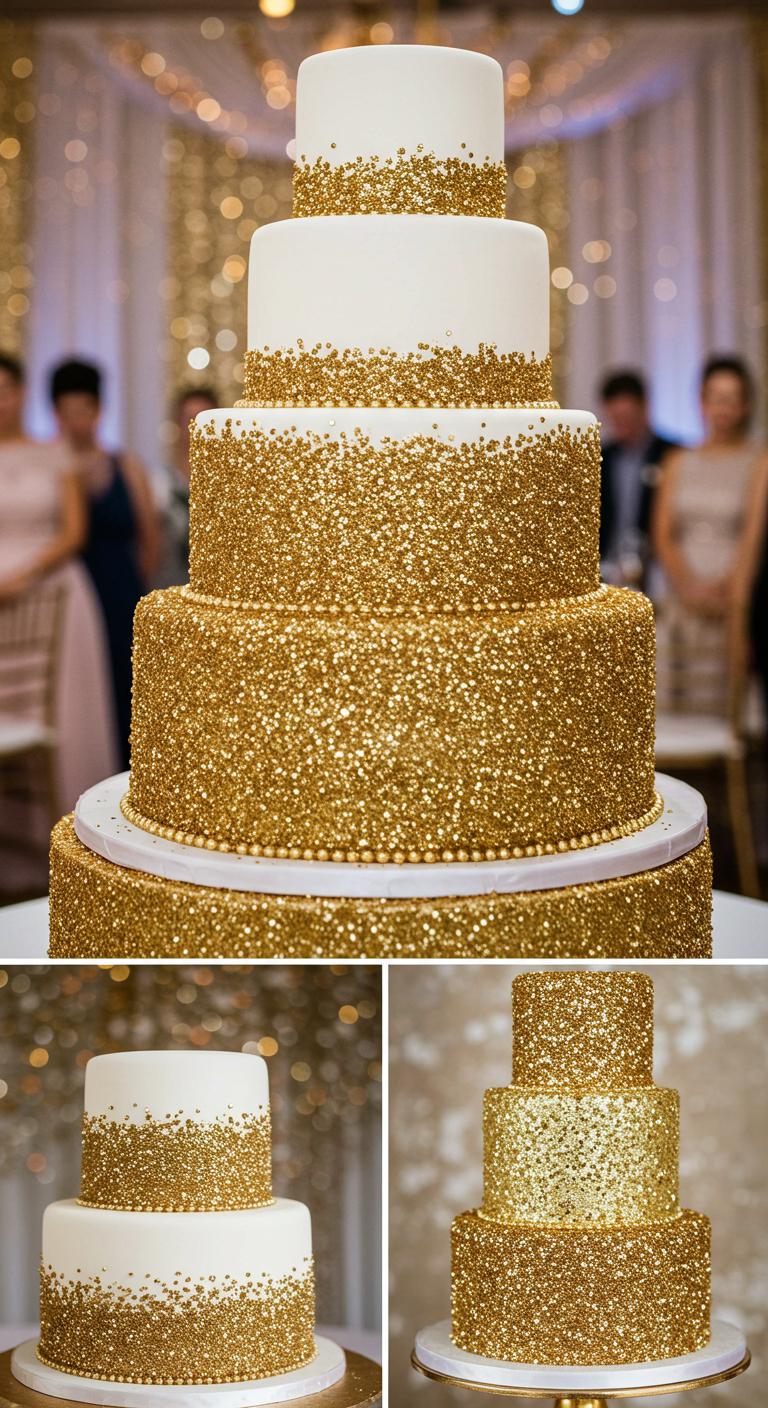 A **stunning wedding cake** adorned with shimmering gold glitter, showcasing both an **all-over glitter effect** and elegant glitter accents on smooth fondant. The cake is set against a festive wedding backdrop, highlighting its beauty and decadence, with guests admiring it in the background.