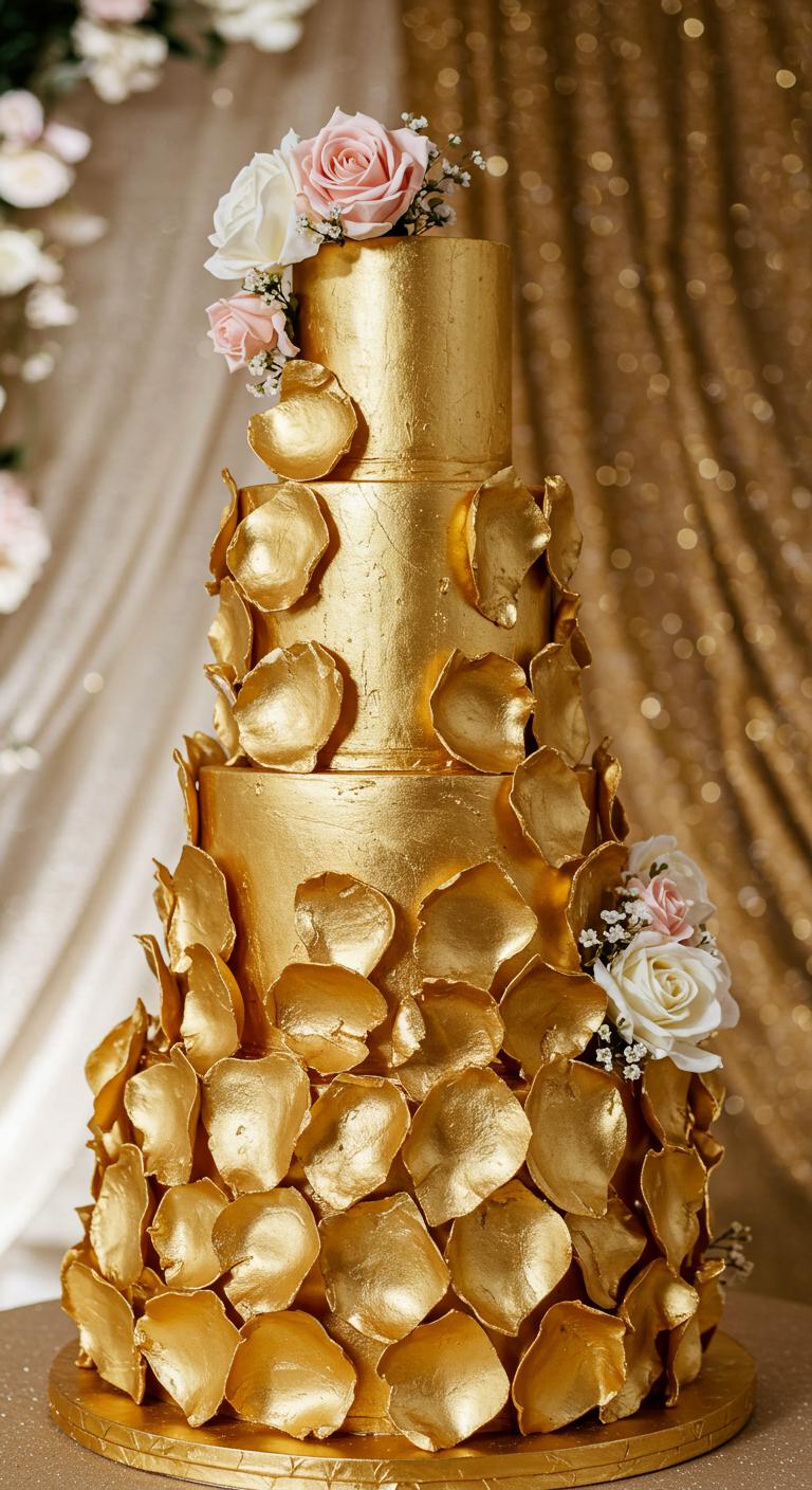 A beautifully designed **gold foil petal cake**, showcasing **shimmering gold accents** and **intricate petal designs**. The cake stands elegantly as a centerpiece at a **wedding celebration**, adorned with delicate floral decorations, set against a luxurious backdrop that enhances its allure.