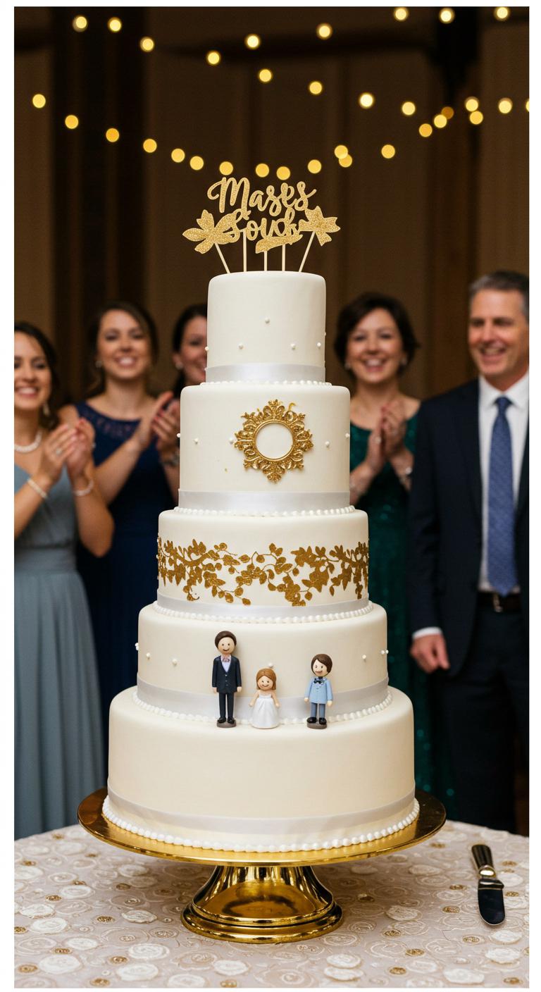 A **whimsical wedding cake** adorned with **playful gold-themed cake toppers**, featuring a **charming couple** and delightful figurines, set in a beautifully decorated venue that conveys a **joyful and enchanting atmosphere**, with guests marveling at the celebration.
