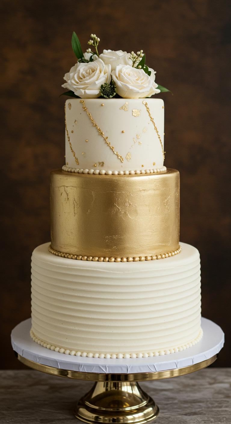 A beautifully crafted **classic gold and cream cake** with **refined layers**, adorned in **delicate cream frosting** and **golden accents**. The cake should feature elegant design inspirations, intricate piping, or minimalist touches, set against a backdrop that enhances an elegant color palette, embodying **sophistication** and **timeless elegance**, creating a visually stunning centerpiece for a wedding celebration.