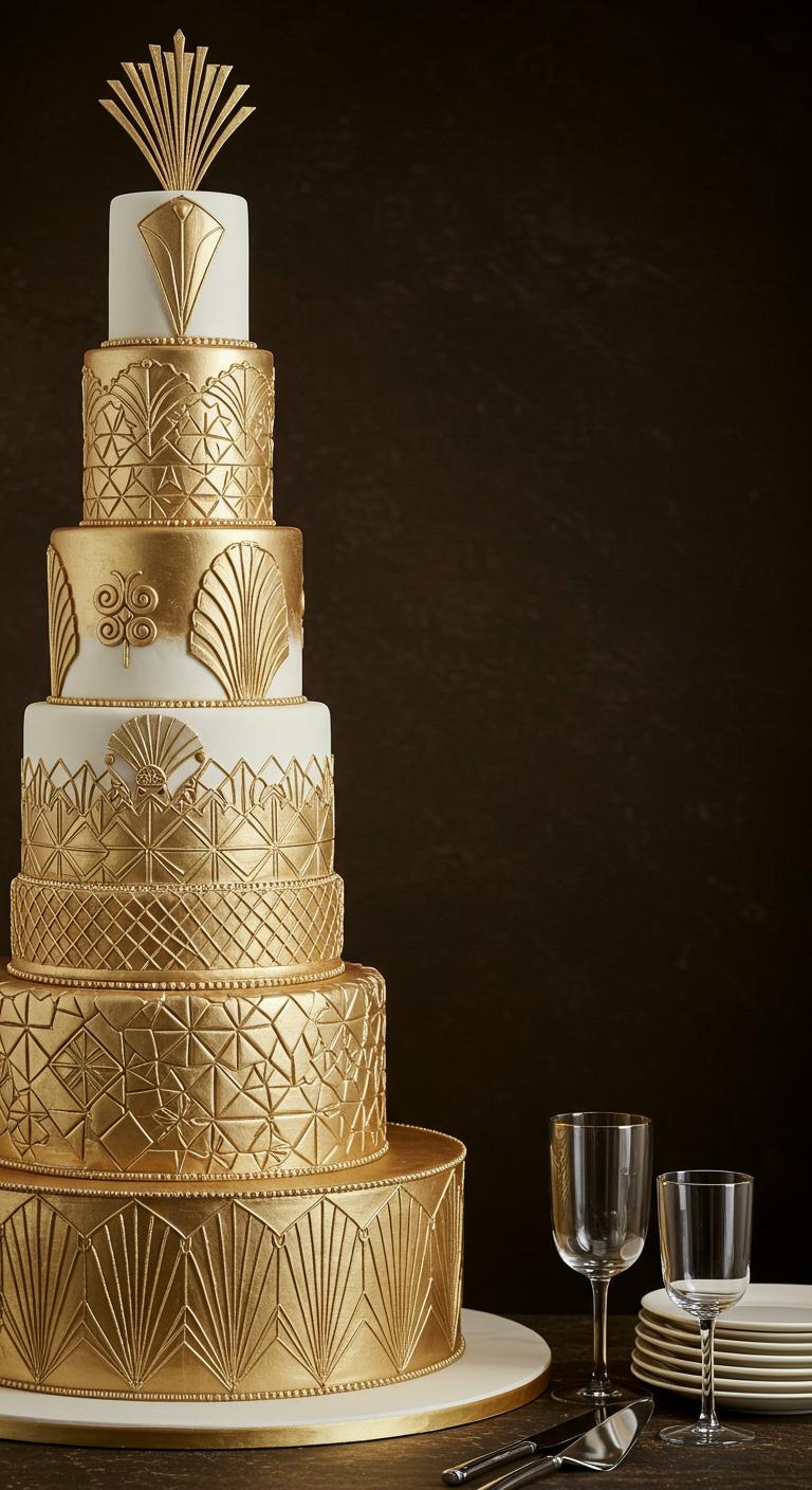 A lavish Art Deco inspired gold wedding cake featuring intricate **geometric patterns** and opulent **gold accents**, set against a backdrop that highlights **vintage elegance** and **modern sophistication**. The cake should embody cultural influences while capturing the essence of a unique wedding style.