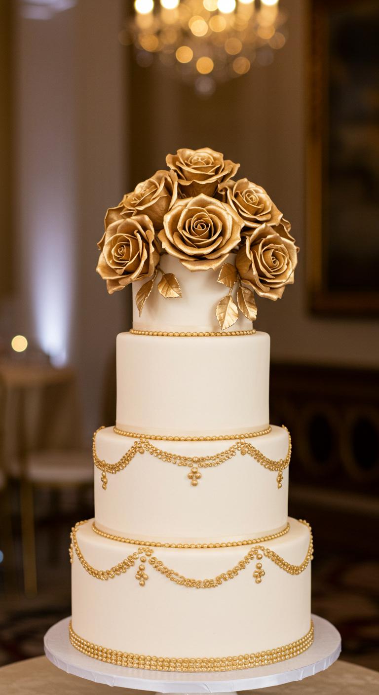 A **beautifully decorated cake** featuring **seven stunning gold roses** on top, showcasing intricate floral details and **elegant gold accents**. The cake is set in a **luxurious wedding environment**, creating a dreamy and enchanting atmosphere that captivates guests. The scene conveys a sense of romance and celebration, highlighting the artistry and **meticulous craftsmanship** of the cake.