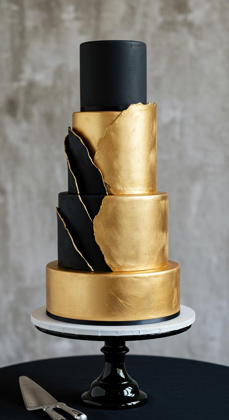 A stunning wedding cake featuring a minimalist design with a smooth gold finish and striking black accents. The cake should have **clean lines** and a refined look, highlighting the luxurious colors in a sophisticated setting that embodies elegance and simplicity.