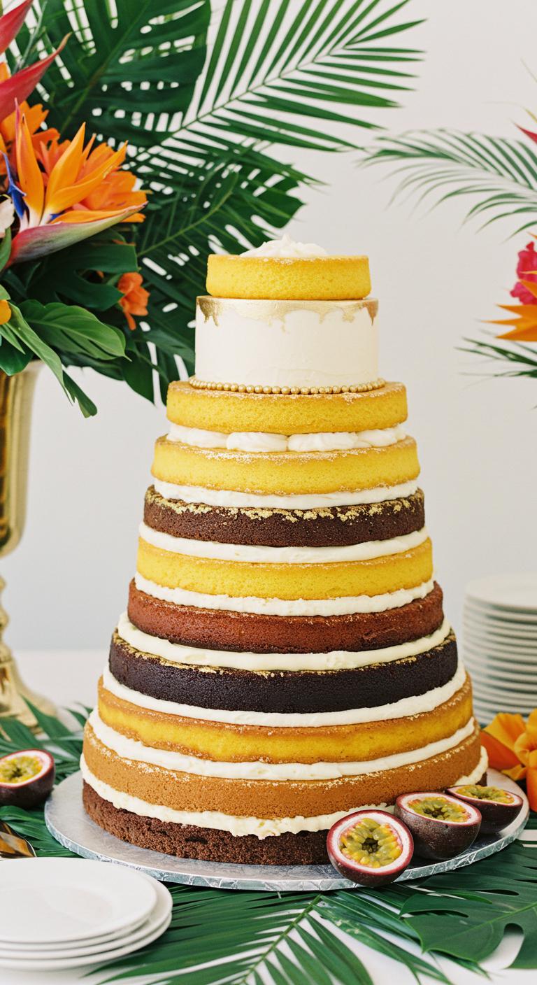 A **luxurious wedding cake** with multiple layers, showcasing **vibrant tropical flavors** such as passionfruit and coconut. The cake is elegantly adorned with **gold accents**, surrounded by tropical foliage and flowers, reflecting a **paradise theme**. The setting is bright and inviting, emphasizing a tropical vibe.