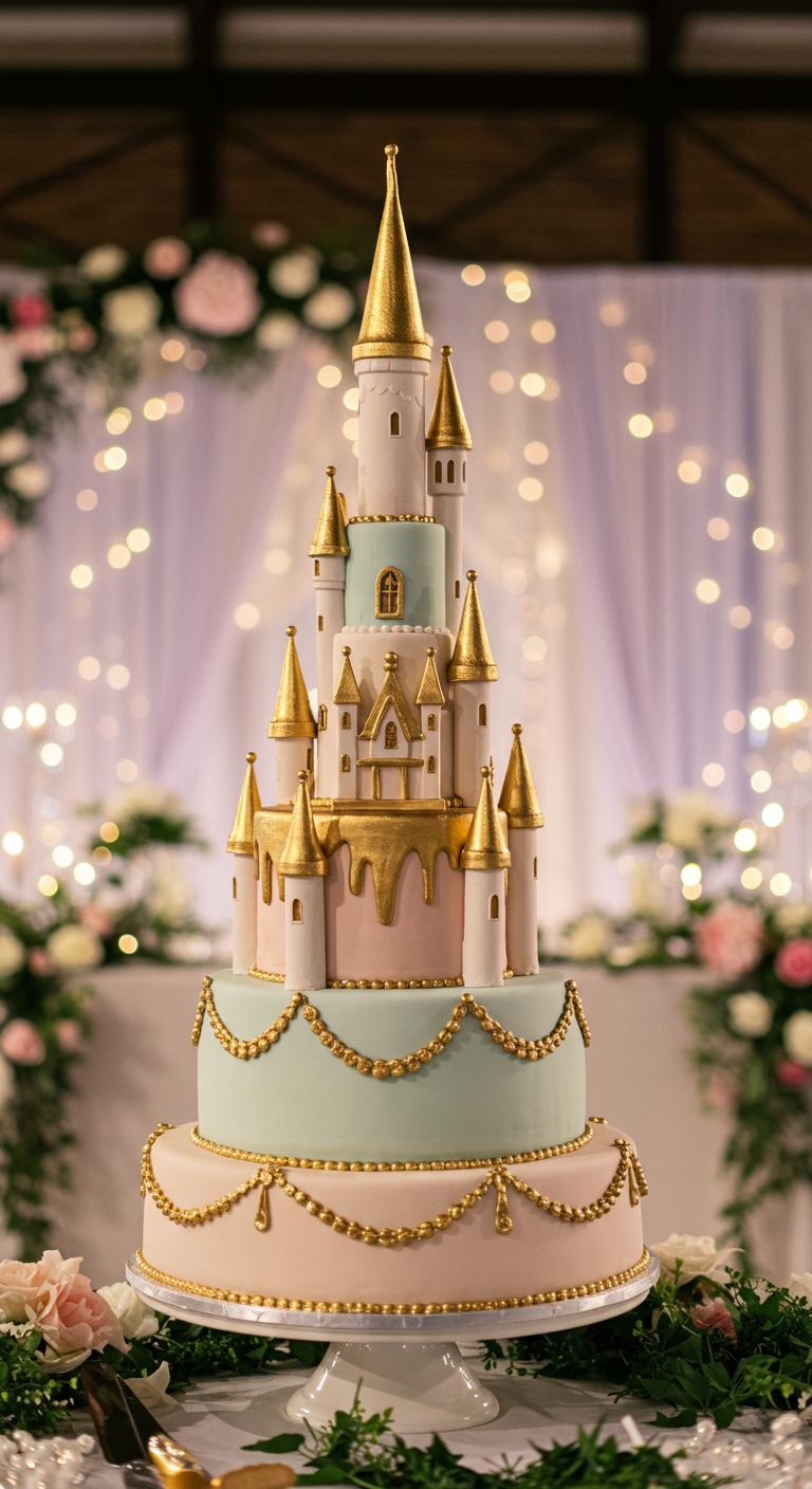 A **whimsical fairytale** castle cake with **shimmering gold accents**, set against a dreamy wedding backdrop, surrounded by enchanted decorations and glowing lights, emphasizing a magical and **enchanting atmosphere**.