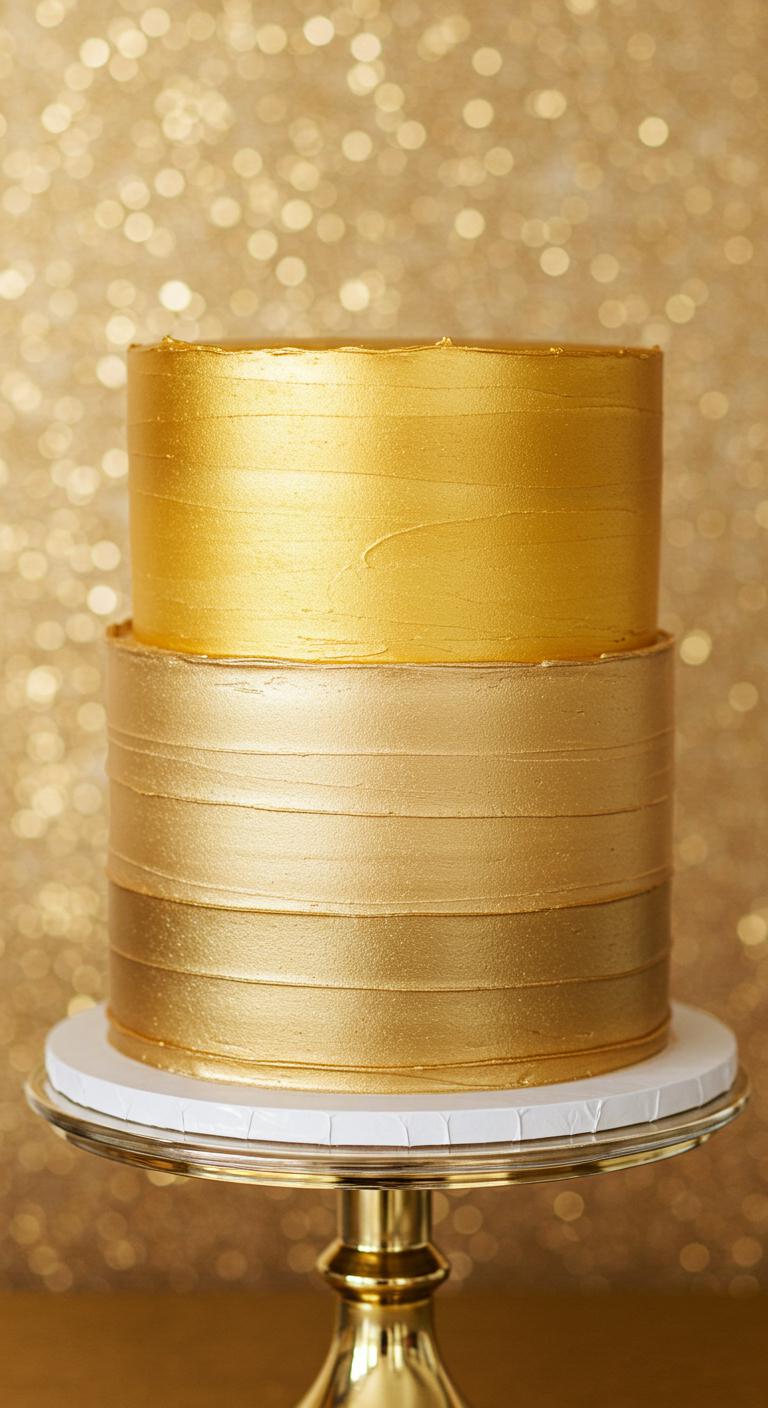 A luxurious **Ombre Gold Buttercream Cake** showcasing a **stunning gradient** from deep golden hues to lighter shades, elegantly adorned with **rich gold frosting**. The cake is set against a glamorous backdrop, perfect for a wedding celebration, emphasizing sophistication and **contemporary elegance**.