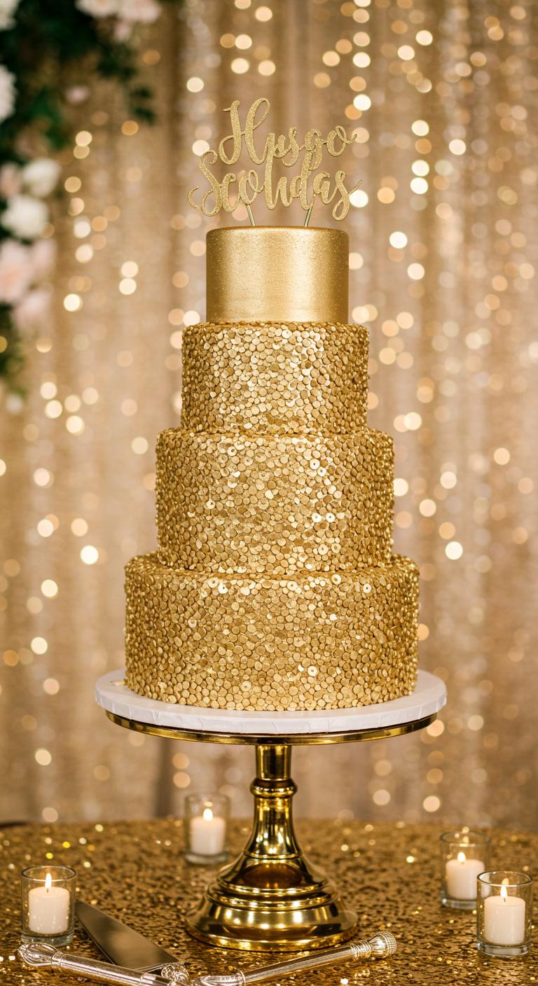 A stunning **Gold Sequin Cake**, elegantly decorated with **shimmering edible sequins** and intricate details, set against a beautiful backdrop suitable for a wedding. The cake should be the focal point, radiating charm and glamour, enticing **wedding guests** with its vibrant appearance and showcasing the latest sequin cake trends.