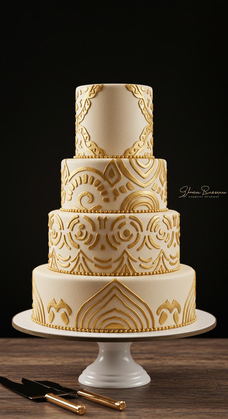 A **beautifully designed wedding cake** featuring **intricate gold tribal patterns**. The cake showcases a blend of **traditional and contemporary styles**, emphasizing **cultural richness**. It exudes elegance and luxury, making it a standout centerpiece for a celebration.