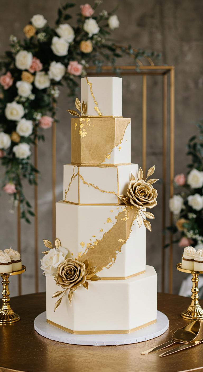 An **elegant wedding cake** with a striking **geometric hexagon shape**, adorned with **shimmering gold accents**. The cake features several tiers, each decorated with stylish gold leaf or metallic elements. Surrounding the cake are **sophisticated gold cake accessories** and elegant floral arrangements that complement the modern design, all set against a tastefully decorated wedding backdrop.