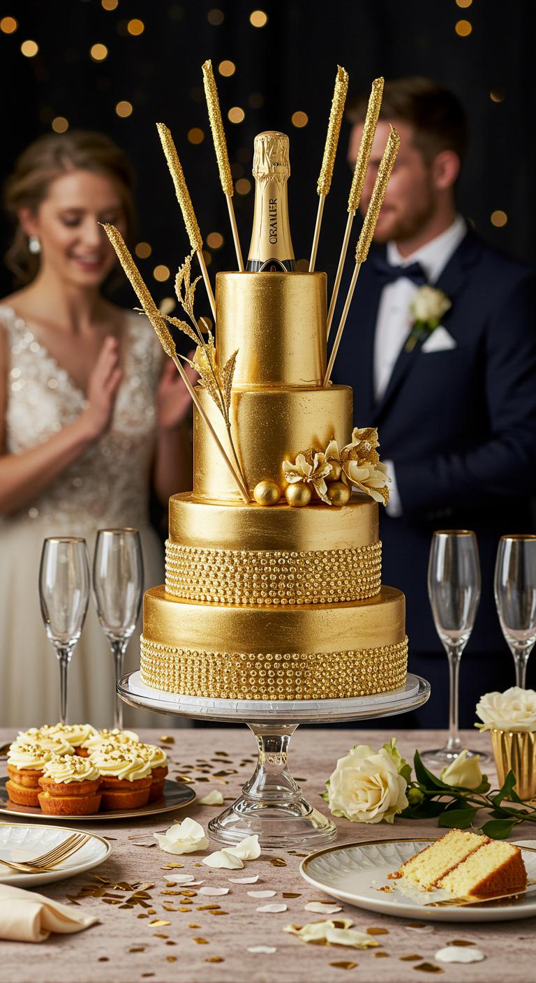 A stunning **Sparkling Gold Champagne Cake**, **elegantly designed** with **sparkling decorations**, set against a backdrop of a **glamorous wedding celebration**. The cake showcases layers infused with **rich champagne flavor**, glimmering in the light. Surrounding the cake are elements representing **love and new beginnings**, such as delicate flowers and sparkling confetti, creating an atmosphere of joy and indulgence.