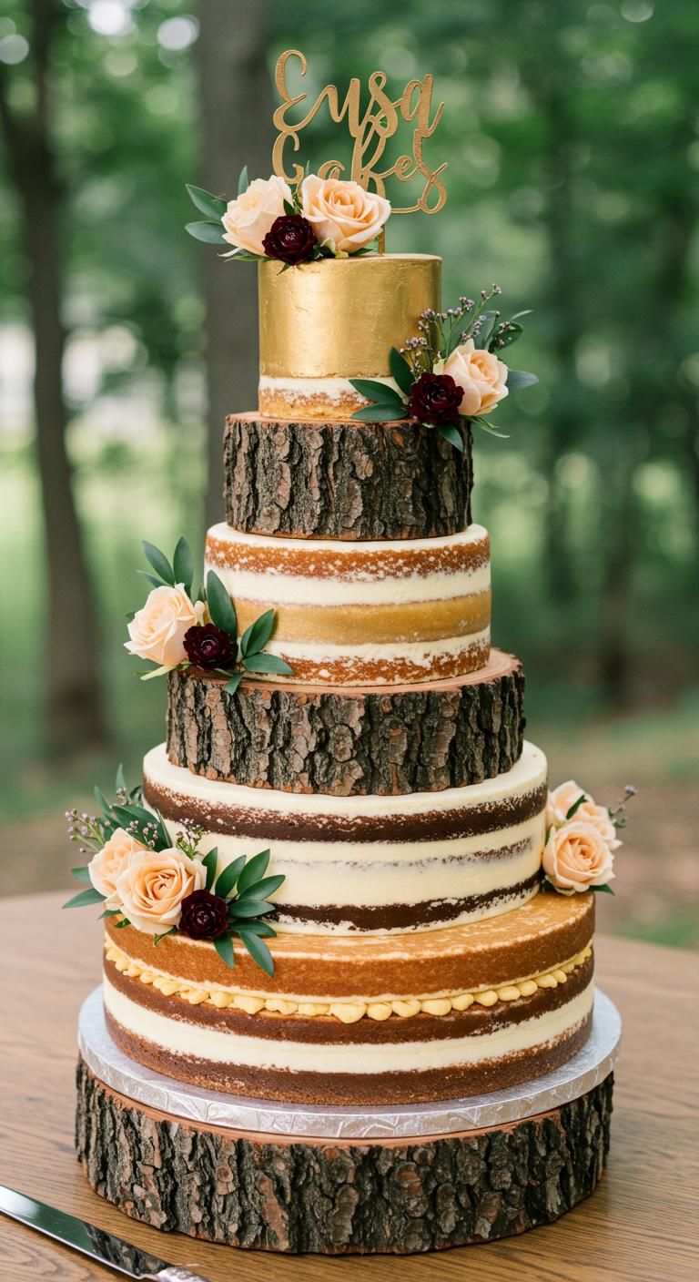 A rustic gold and wood-themed wedding cake adorned with wood accents and **seasonal floral displays**, showcasing organic textures and elegant craftsmanship. The cake features multiple layers with contrasting flavors and artisanal details, set against a beautiful natural backdrop to highlight its charm and festive elements. Depict the cake as a **stunning centerpiece** that complements various wedding styles, embodying nature’s inspiration.