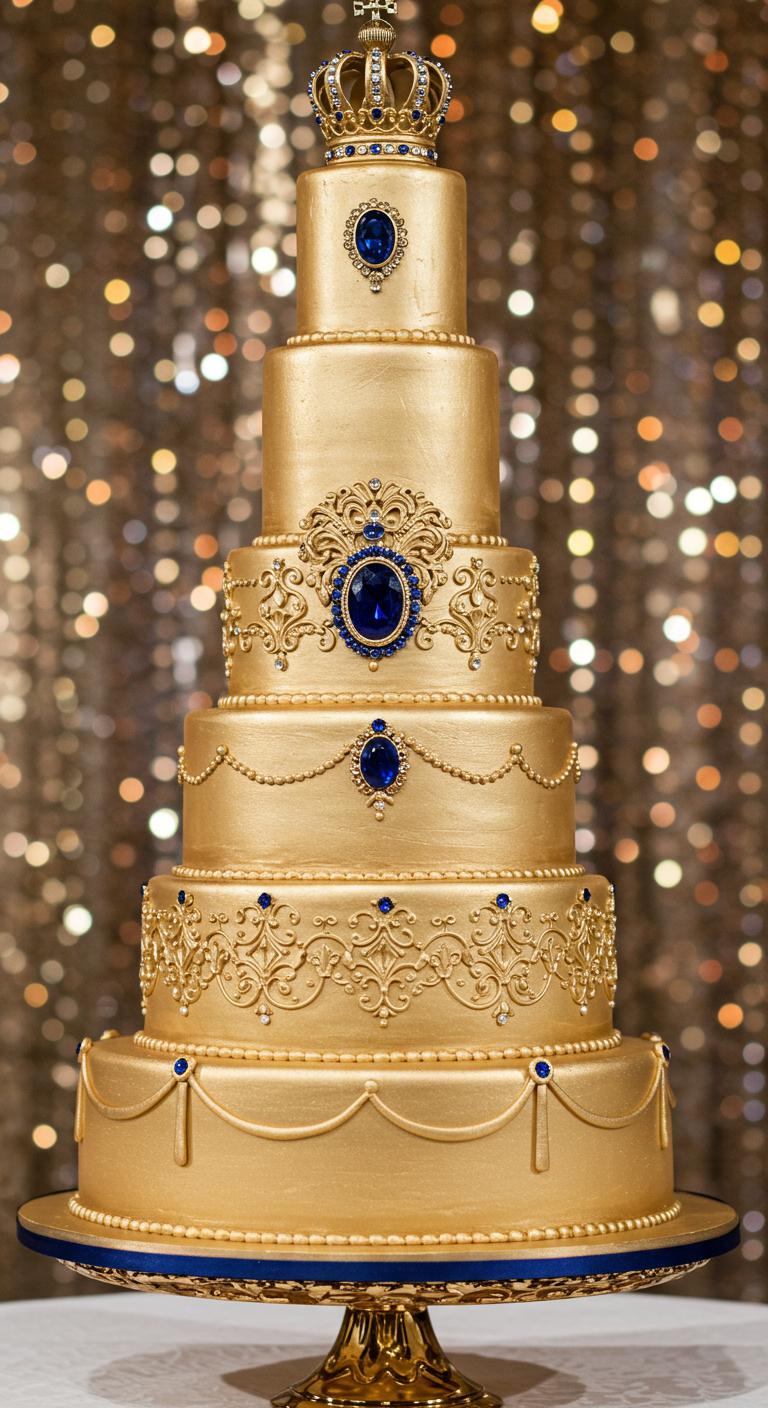 A lavish wedding cake adorned with **rich gold frosting** and **intricate designs**, complemented by sapphire accents that bring a touch of color and sophistication. The cake exudes **grandeur** and royal elegance, set against a glamorous celebration backdrop that emphasizes the **lavishness** of the special day.