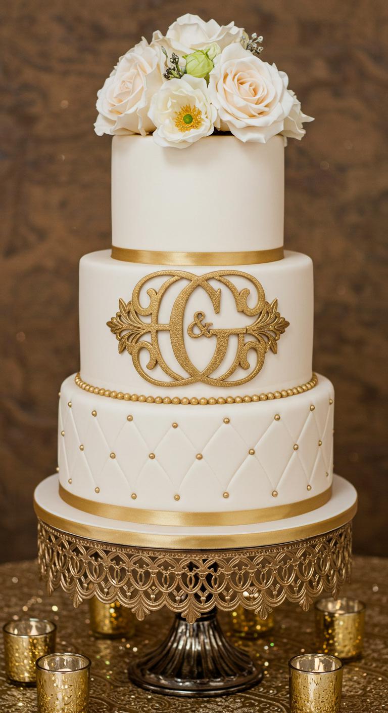A luxurious wedding cake featuring a gold monogram. The cake is elegantly adorned with **shimmering gold initials** intertwined in a beautiful design, set on a decorative cake stand. The overall appearance reflects sophistication and a personal touch, showcasing a balance of elegance and individuality in a wedding setting.