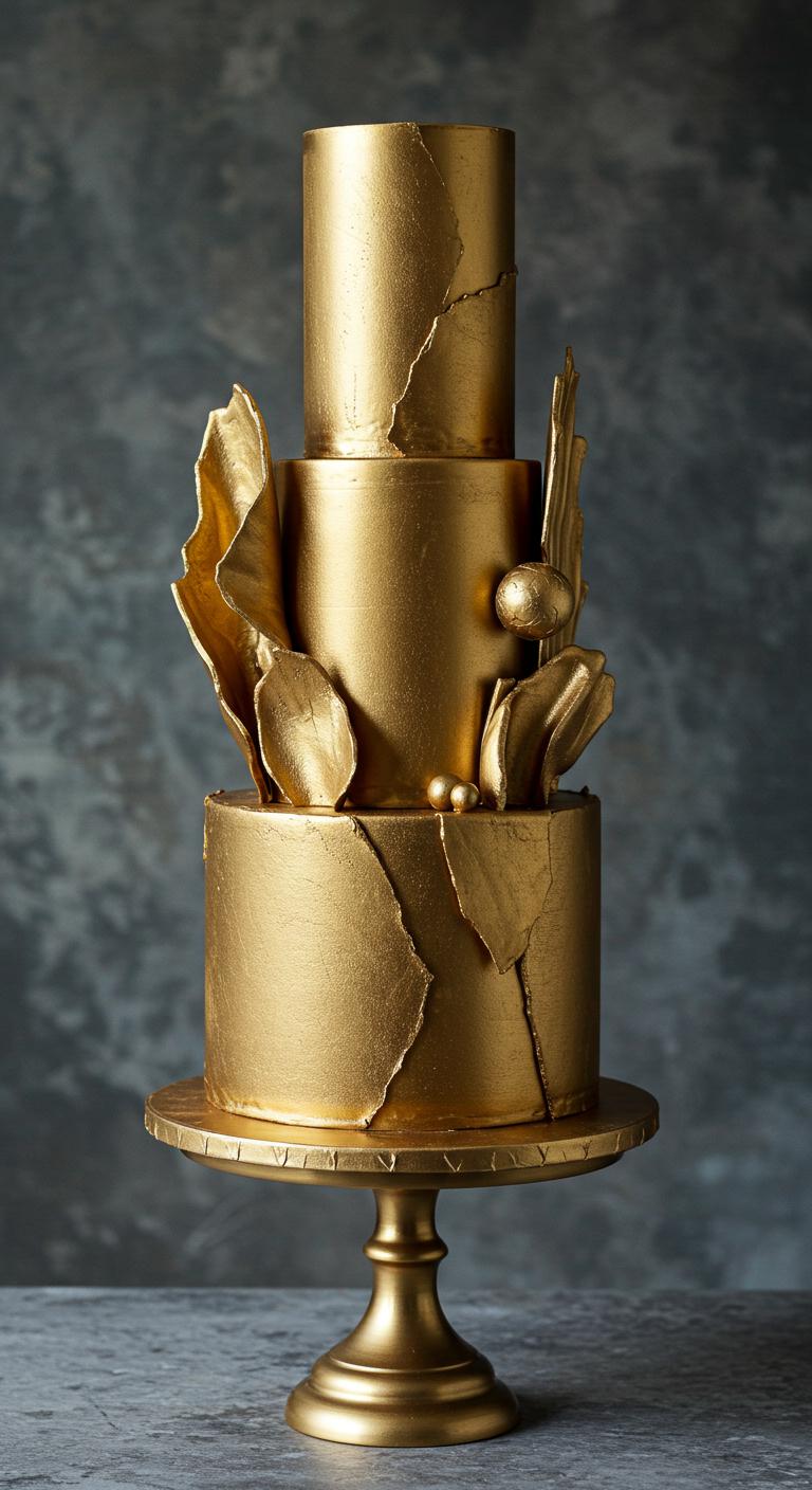 A bold and innovative gold cake featuring **sculptural elements** and mixed materials, showcasing contemporary avant-garde styles with **unexpected shapes** and textures. The cake is striking and artistic, designed to impress guests at a wedding, emphasizing luxury and creativity.