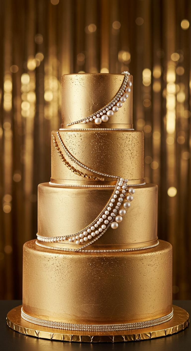 A **luxurious cake** with **shimmering gold** and pearl accents, featuring **exquisite textured pearl decorations** adorning its layers. The cake has a rich golden hue complemented by delicate pearls, set against a **glamorous celebration** backdrop that evokes **opulence and sophistication**. The scene should convey a sense of elegance and indulgence, enticing the viewer both visually and emotionally.